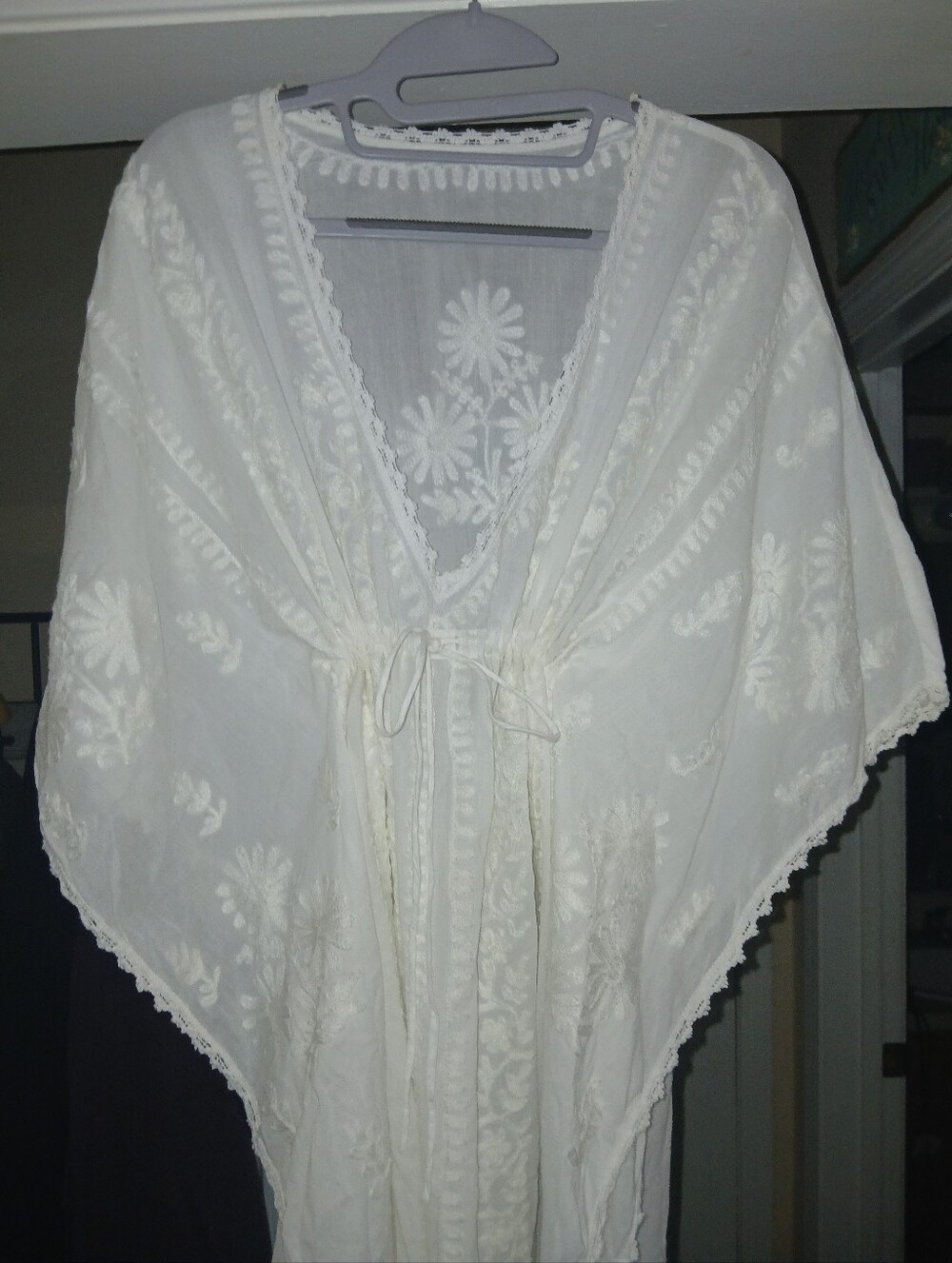 Elegant White Cotton Embroidered Women's Kaftan  with Drawstring Loungewear